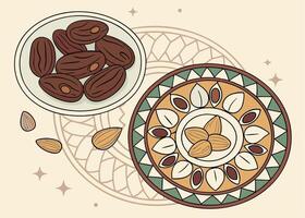 Dates and nuts on Ramadan decorative plate for Iftar vector