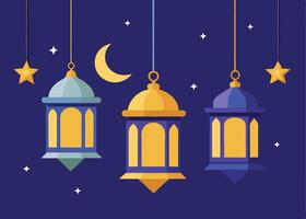Decorative Ramadan lanterns hanging with crescent moon design vector