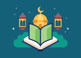 Open Quran with Ramadan lanterns and stars design vector