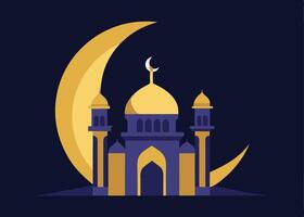 Glowing crescent moon with mosque silhouette for Ramadan vector