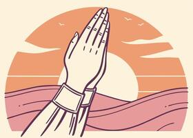 Hands raised in prayer with subtle sun during Ramadan vector