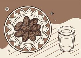 Decorative plate of dates and glass of water for Iftar vector
