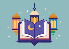 Open Quran with Ramadan lanterns for holy month design vector