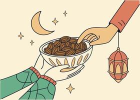 Hands holding bowl of dates for Iftar during Ramadan vector