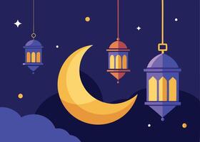 Crescent moon and lanterns in Ramadan night sky vector