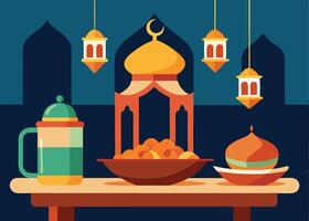 Table setting with traditional food for Ramadan Iftar meal vector