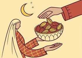 Hands holding dates for Iftar meal during Ramadan vector