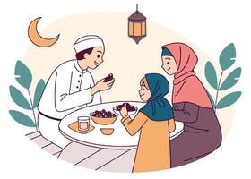 Muslim family sharing Iftar meal with dates and nuts vector