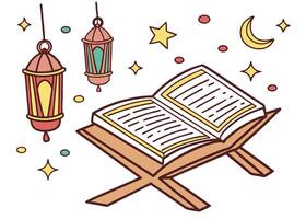 Open Quran with Ramadan lanterns and stars for holy month vector