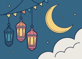 Night sky with crescent moon and Ramadan lanterns vector