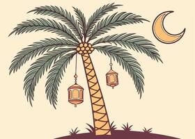 Date palm tree with hanging lanterns for Ramadan decor vector
