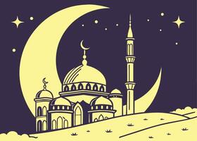Glowing mosque silhouette with Ramadan crescent and stars vector