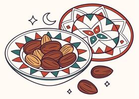Dates and nuts on decorative plate for Ramadan meal vector