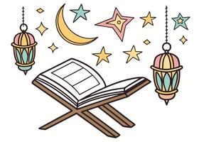 Open Quran with lanterns and stars for Ramadan theme vector