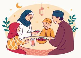 Muslim family enjoying Iftar meal with dates vector