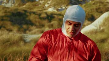 Astronaut Wears Helmet And Observes The Clearing In The New Planet video