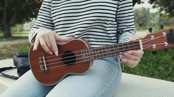 Hands Girl Practices First Lessons Of Ukulele Musical Stringed Instrument video