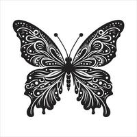 Elegant Butterfly Illustration in Black and White Silhouette Style with Intricate Ornamental Patterns vector