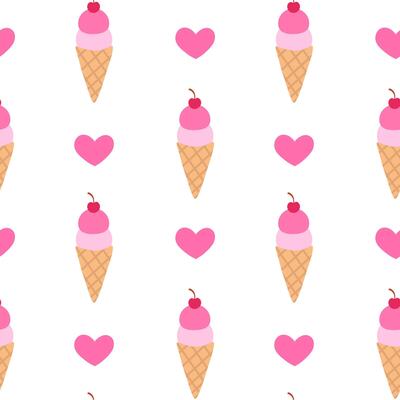 Seamless Pattern. Ice cream in waffle cone. Valentine day sweet food. flat illustration.