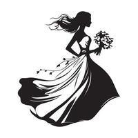 Silhouette Joyful bride in a flowing dress, holding a bouquet of flowers while leaping image isolated on white background. vector