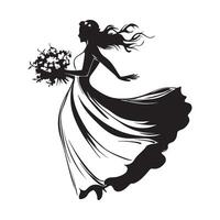 Joyful bride in a flowing dress, holding a bouquet of flowers while leaping image isolated on white background. vector