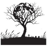 Silhouette Spooky Tree with Full Moon and Graveyard vector