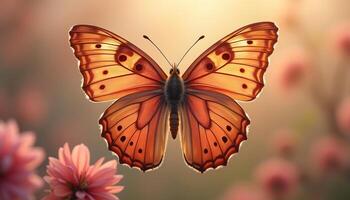 A delicate butterfly handlebar mustache shaped wings, fluttering against a spring background photo