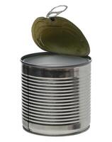 Tin can with open lid on isolated background photo