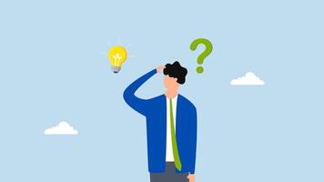 Solution to solve problem, 4k animation of Entrepreneur considers way to address an issue regarding lightbulb and question mark video