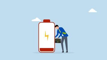 Exhausted and fatigue from hard work, 4k animation of weary and exhausted entrepreneur poses with a low battery indicator video