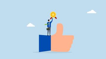 Employee of the month, 4k animation of Successful businessman manager commemorating employee achievement with large thumbs up emblem video