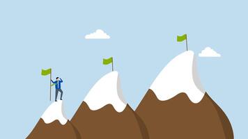 Ambition to success and achieve target, 4k animation of driven entrepreneur ascends mountain summit intending to reach greater goals video