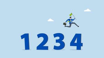 Step by step guide to success, 4k animation of smart businessman jumping on guideline number from 1 to 4 video