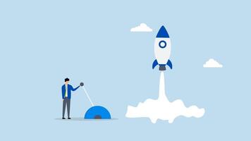 Start your own business, 4k animation of driven entrepreneur businessman activates lever to send rocket into the air video