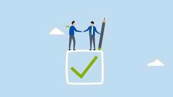 Commitment, 4k animation of businessman handshake on tick completed checkbox video