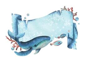Paper banner scroll, in marine theme with underwater animals, whale, corals, fish and bubbles. Watercolor hand drawn illustration. Rectangular horizontal frame, banner, template for text isolated vector