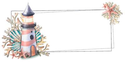 Horizontal board with a marine lighthouse, corals, shells and starfish. Watercolor illustration. For registration and design of certificates, invitations, menus, ads, souvenirs, decor, beach vector