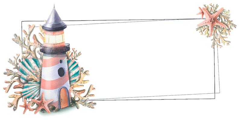Horizontal board with a marine lighthouse, corals, shells and starfish. Watercolor illustration. For registration and design of certificates, invitations, menus, ads, souvenirs, decor, beach