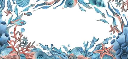 Underwater world with sea animals, shells, corals, fish, seaweed, starfish and bubbles. Hand drawn watercolor illustration. Marine rectangular horizontal frame, banner, template for text. vector