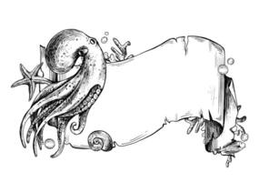 Paper banner scroll, in marine theme with underwater animals, octopus, starfish, corals, shell, fish and bubbles. Graphic illustration hand drawn in black ink. Template, frame, board EPS vector