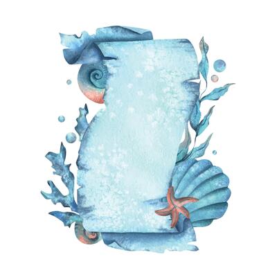 Paper banner scroll, in marine theme with underwater animals, shells, seaweed, corals, starfish and bubbles. Watercolor hand drawn illustration. Rectangular vertical frame, banner, template for text