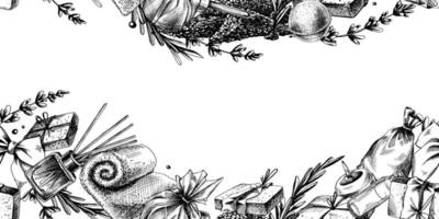 Horizontal border with cosmetics and accessories for the bathroom and spa. Graphic illustration line art hand drawn in black and white monochrome. Seamless border pattern vector