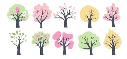 Explore the vibrant transformation of trees during spring with colorful blooms in flat design style illustrations vector