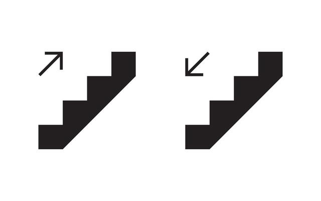 Collection of stair icons with arrows indicating upward and downward directions, ideal for signage, navigation, and wayfinding designs