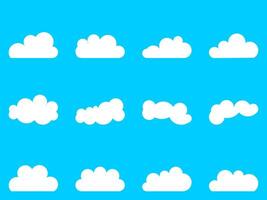 A collection of twelve different cloud shapes on a bright blue background. Each cloud has a unique form, making it ideal for weather related designs or educational materials vector