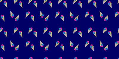 Colorful ice cream cones pattern on a dark blue background. Perfect for summer themed designs, children products, or playful decor. Bright and cheerful, it adds a fun touch to any project vector