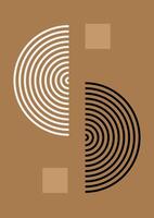 Abstract geometric design featuring half circles with concentric lines in black and white on a brown background, accompanied by two solid brown squares. Modern and minimalist style vector