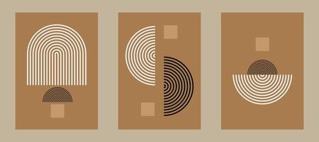 Abstract geometric art collection featuring concentric circles and semi circles in black and white on a brown background. Ideal for modern decor and design inspiration vector