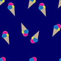 This image features a seamless pattern of ice cream cones with three scoops in pink, blue, and yellow on a dark blue background. Perfect for summer themed designs and playful backgrounds vector
