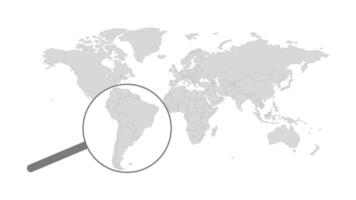 World Map in grey white colors. Magnifying glass magnifying and emphasizing the map of South America. Grayscale all Earth continent isolated on white background for website, education, travel vector